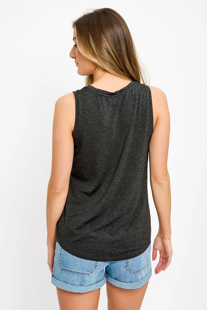 "Take Me to the Mountains" Sleeveless Crew-Neck Tank with Shirttail hem