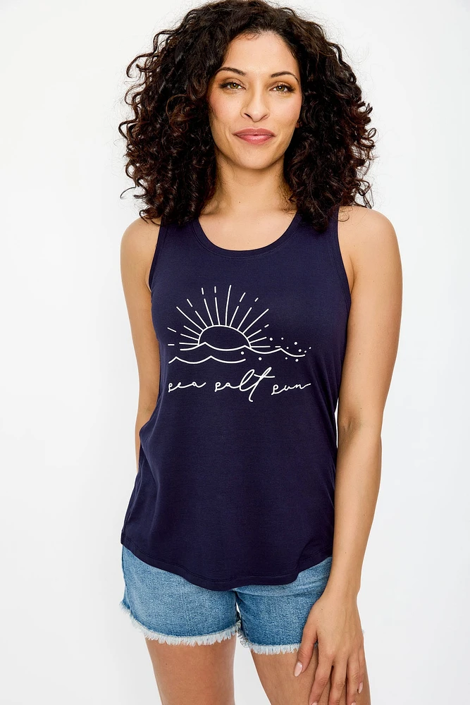 "Sea Salt Sun" Scoop-Neck Graphic Tank Top with Shirttail Hem