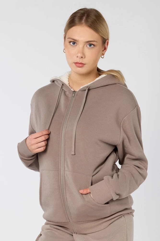 Fleece Zip-Front Hoodie with Sherpa Lining