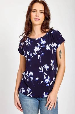 Floral Print Short Sleeve Open-Neck Top