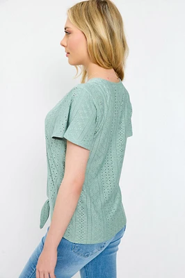 Eyelet-Knit Short-Sleeve Tie-Front Top