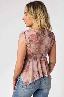 Floral Mesh Cap-Sleeve Handkerchief-Hem Top