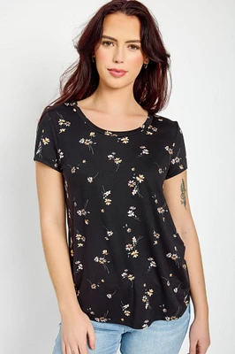 Daisy-Print Cap-Sleeve Scoopneck Top