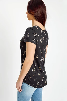 Daisy-Print Cap-Sleeve Scoopneck Top