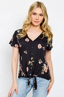 Floral Flutter-Sleeve V-Neck Top with Tie-Front