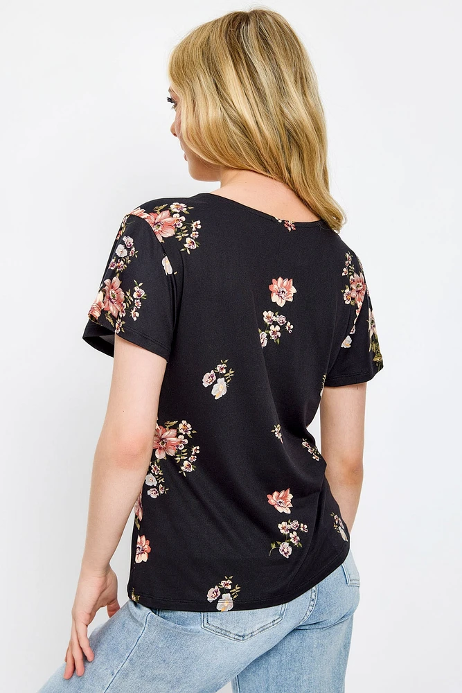Floral Flutter-Sleeve V-Neck Top with Tie-Front