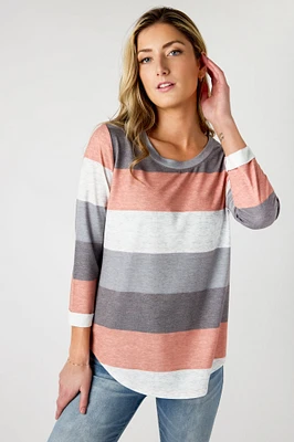 Striped 3/4 Sleeve Scoop-Neck Shirt with Shirttail Hem