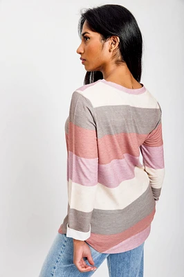 Striped 3/4 Sleeve Scoop-Neck Shirt with Shirttail Hem