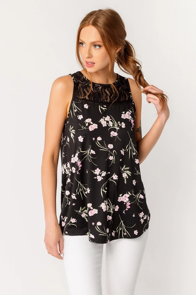 Floral Sleeveless Top with Lace Trim