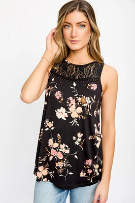Floral Sleeveless Top with Lace Trim