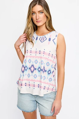 Abstract Crew-Neck Sleeveless Swing Tank