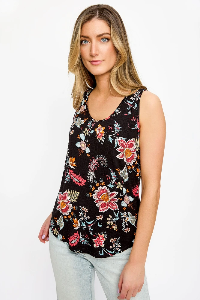 Floral Scoop-Neck Sleeveless Tank with Shirttail Hem