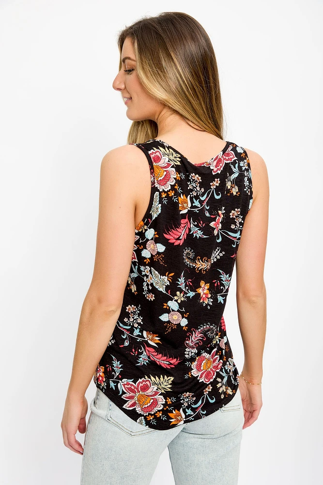 Floral Scoop-Neck Sleeveless Tank with Shirttail Hem