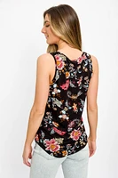 Floral Scoop-Neck Sleeveless Tank with Shirttail Hem