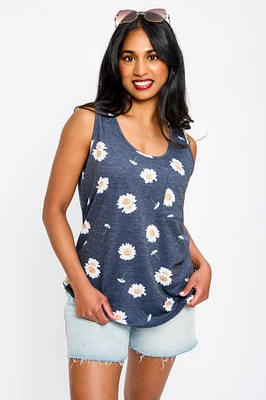 Daisy Print Sleeveless Scoop-Neck French Terry Tank