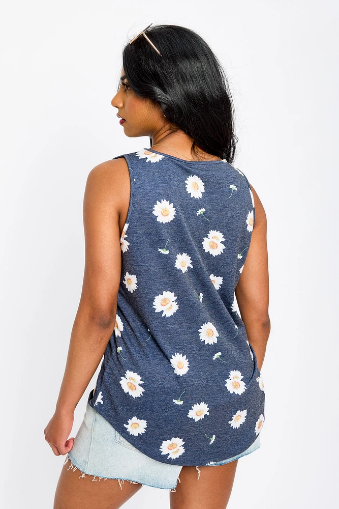 Daisy Print Sleeveless Scoop-Neck French Terry Tank