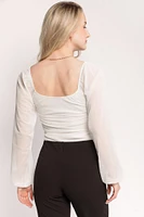 Square Neck Mesh Bodysuit with Balloon Sleeves
