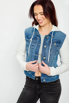 WallFlower Bella Wash Denim Jacket with Sweater Sleeves and Hood