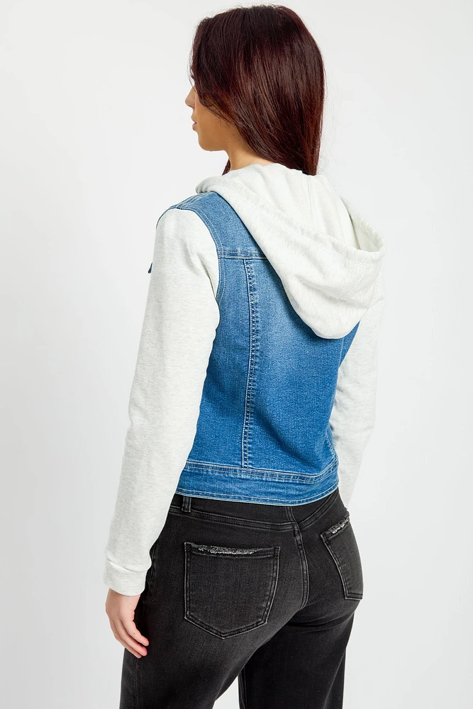 WallFlower Bella Wash Denim Jacket with Sweater Sleeves and Hood