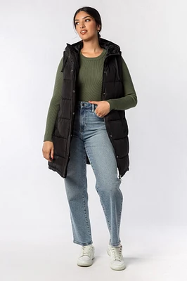 Hooded Midi Puffer Vest with Side Snaps