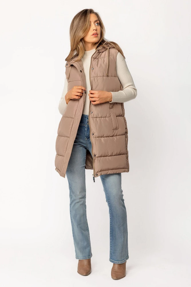 Hooded Midi Puffer Vest with Side Snaps