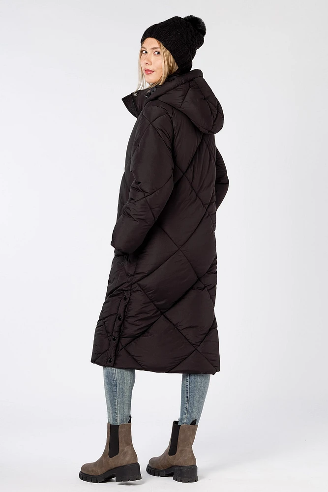 Quilted Puffer Hooded Coat with Side Snaps