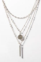 Triple Layer Necklace with Bar and Rhinestone Circle