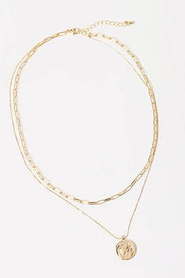 Layered Paperclip Chain Medallion Necklace