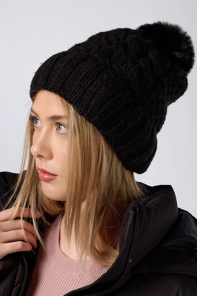 Cabled Hat with Pom and Faux Fur Lining