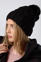 Cabled Hat with Pom and Faux Fur Lining