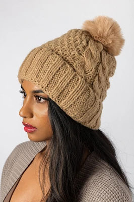 Cabled Hat with Pom and Faux Fur Lining