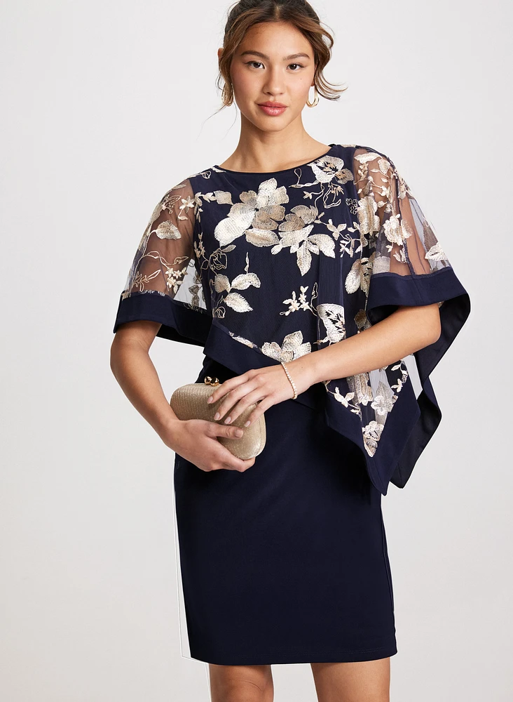 Floral Poncho-Effect Fitted Dress