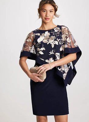 Floral Poncho-Effect Fitted Dress