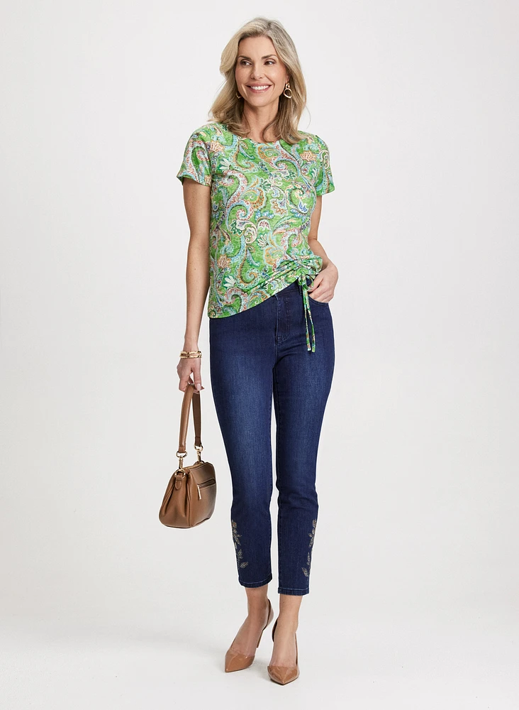 Drawstring Detail Paisley T-Shirt & Embellished-Hem Ankle Jeans