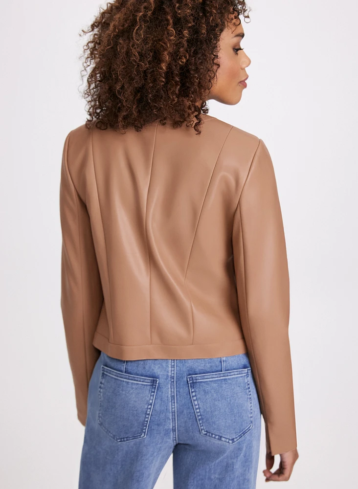 Collarless Vegan Leather Jacket