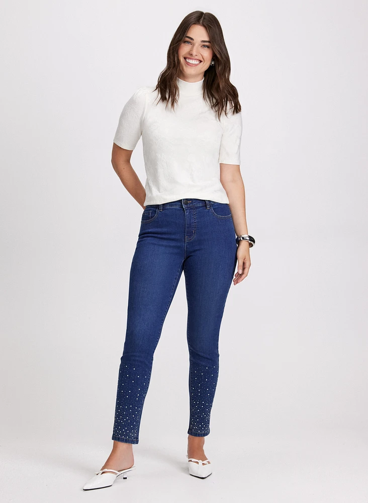 Turtleneck Elbow Sleeve Top & Embellished Slim Leg Jeans