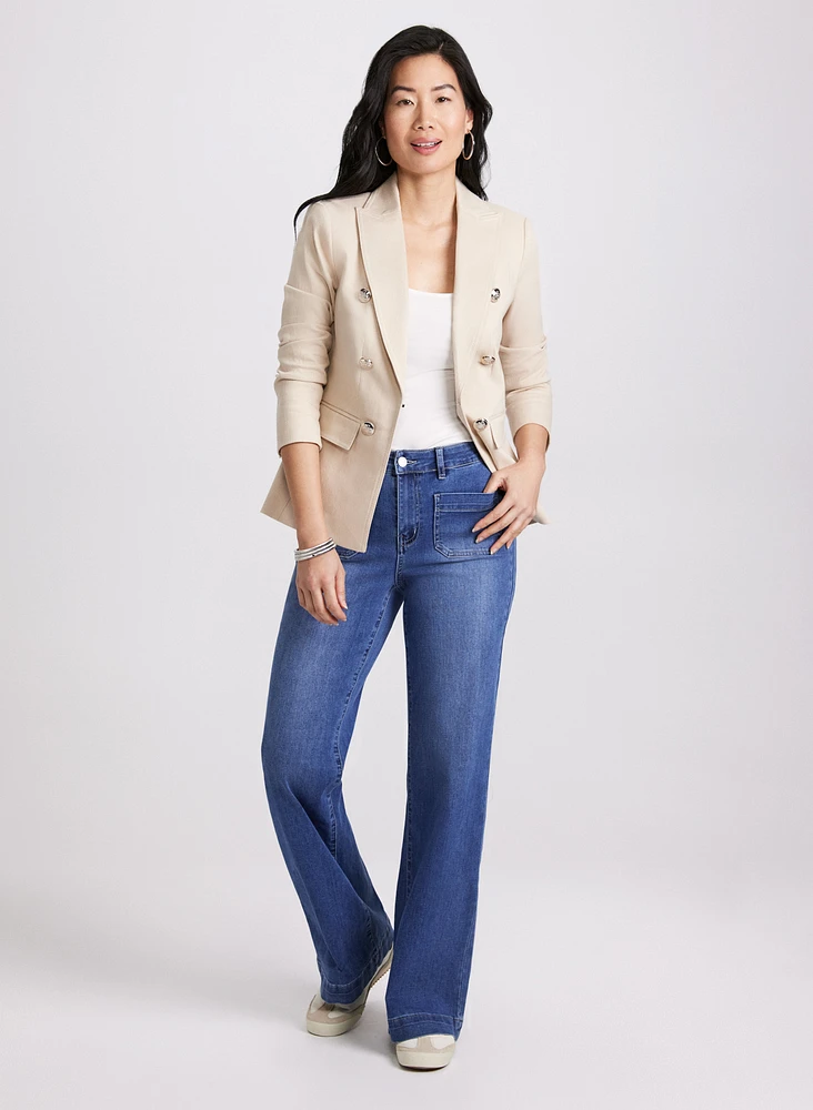 Denim Double-Breasted Blazer & Patch Pocket Wide-Leg Jeans