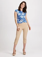 Front-Knot Printed Top & Lateral Slit Pull-On Capris