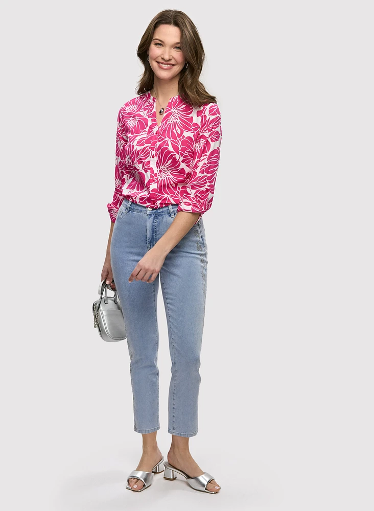 Tie-Front Floral Blouse & Embellished Denim Capris