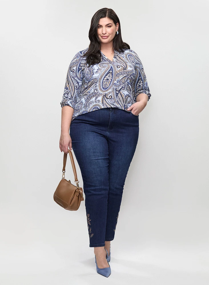 Balloon Sleeve Paisley Top & Embellished Hem Jeans