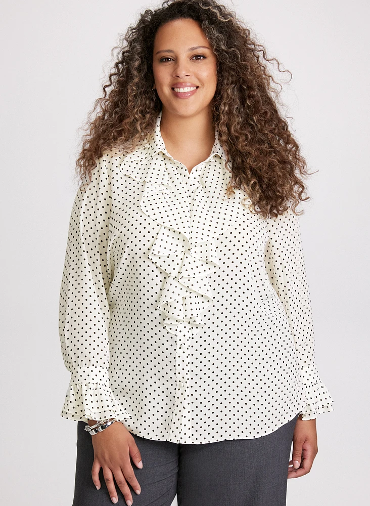 Polka Dot Ruffle Front Blouse