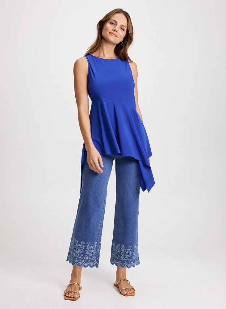 Sleeveless Asymmetric Hem Tunic & Embroidered Hem Capri Jeans