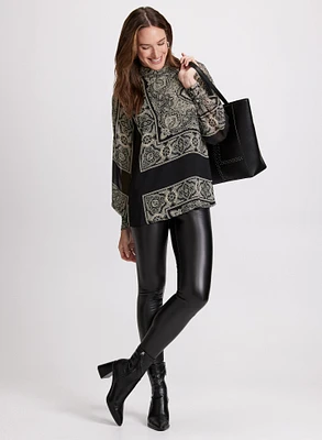 Scarf Print Mock Neck Blouse