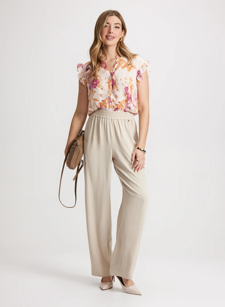 Floral Ruffled Blouse & Wide Leg Cargo Pants