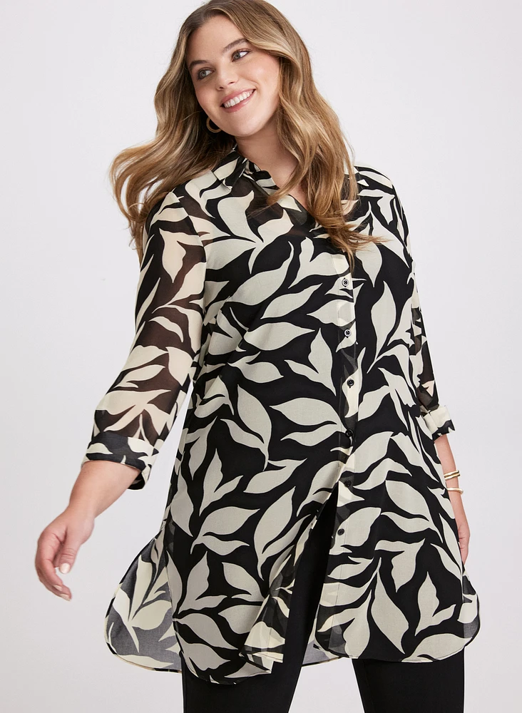 Leaf Print Button-Down Tunic Blouse