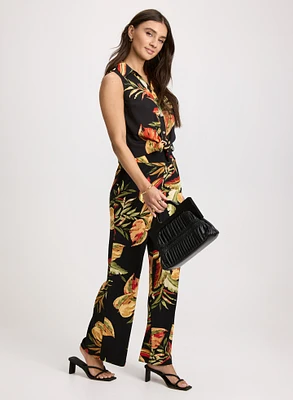 Sleeveless Leaf Print Blouse & Tropical Wide Leg Pants