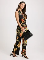 Sleeveless Leaf Print Blouse & Tropical Wide Leg Pants