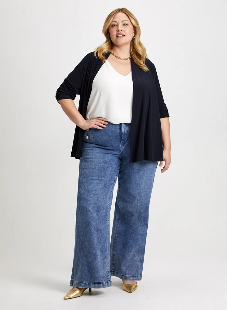 Open Front Cardigan & Button Detail Wide Leg Jeans