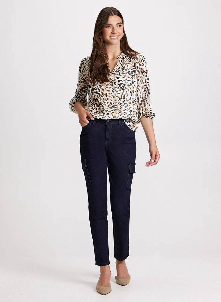 Abstract Print Blouse & Slim Leg Cargo Jeans