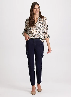 Abstract Print Blouse & Slim Leg Cargo Jeans